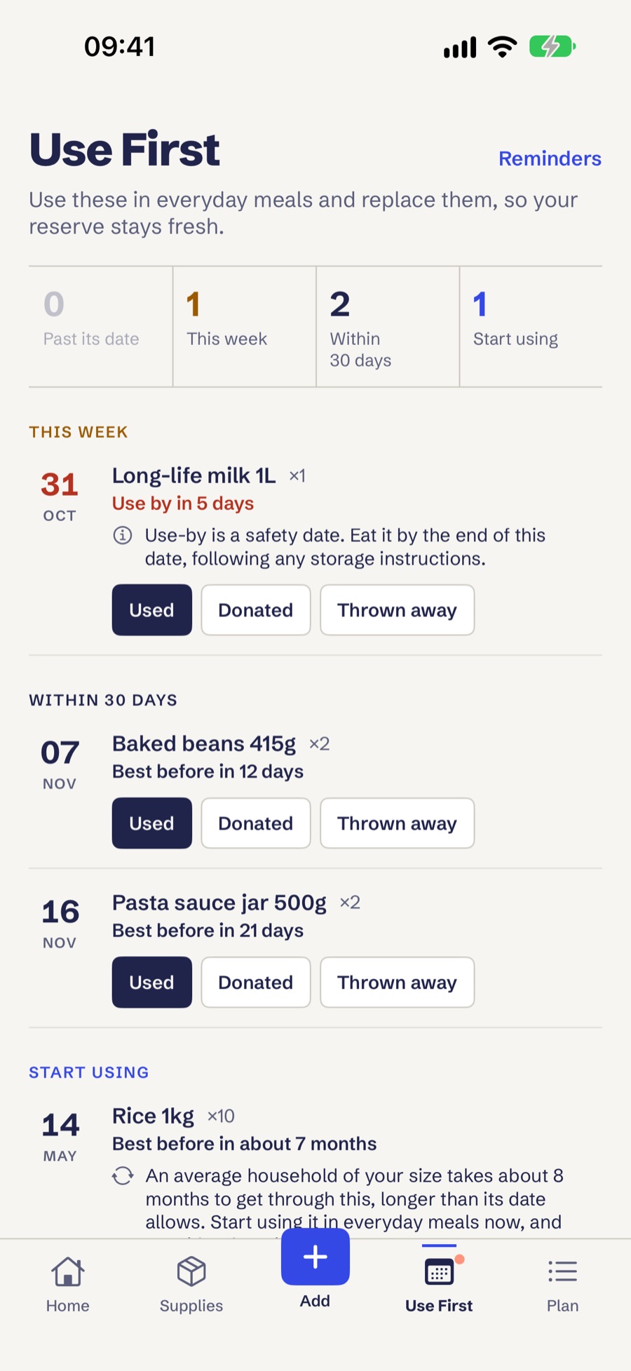 Use First screen listing long-life milk to use this week