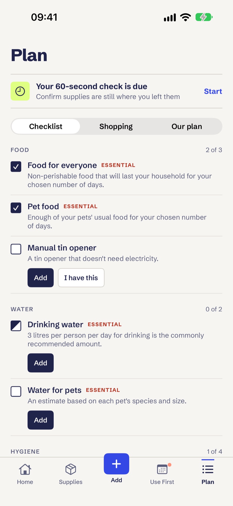 Plan checklist with food and water essentials ticked off