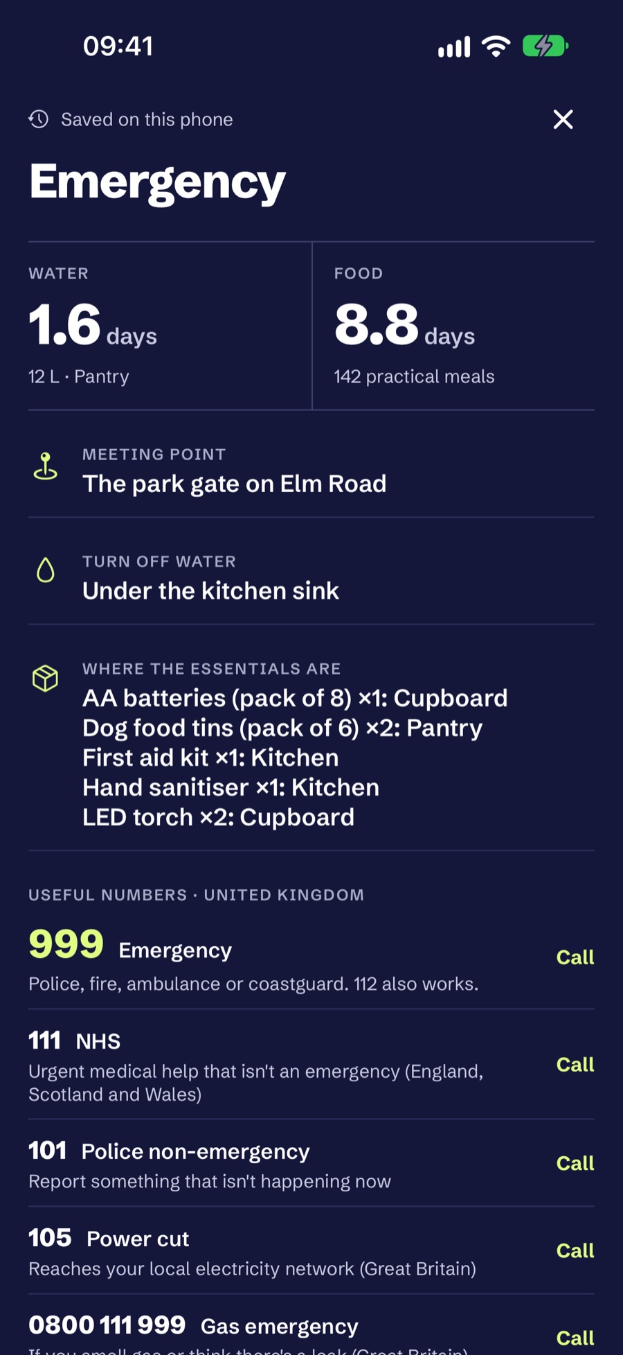 Emergency mode with water and food days, meeting point and emergency numbers